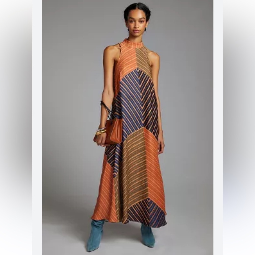 FARM RIO ANTHROPOLOGIE Halter Maxi Dress color block size medium
